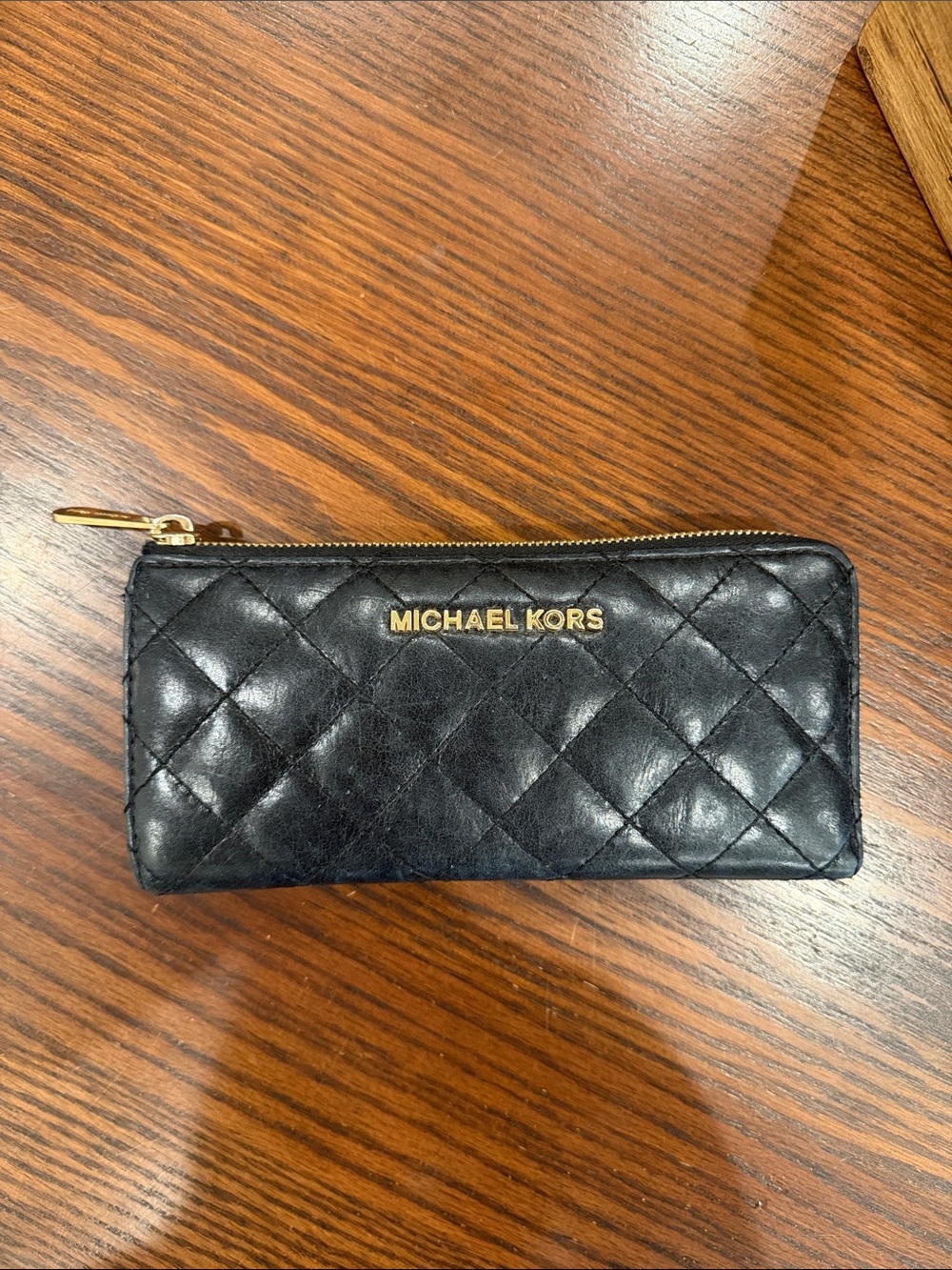 Michael Kors Black Quilted Leather Zip-Around Wallet with Gold Hardware